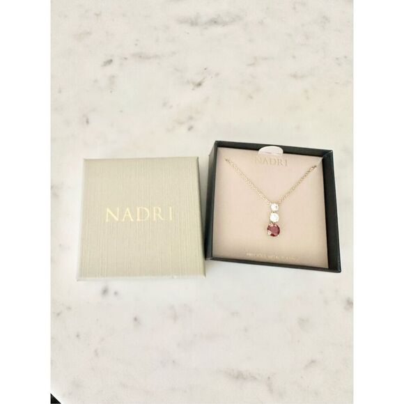 Nadri Ruby red color triple cubic zirconia dangle earrings - 18k gold plated - Picture 2 of 3